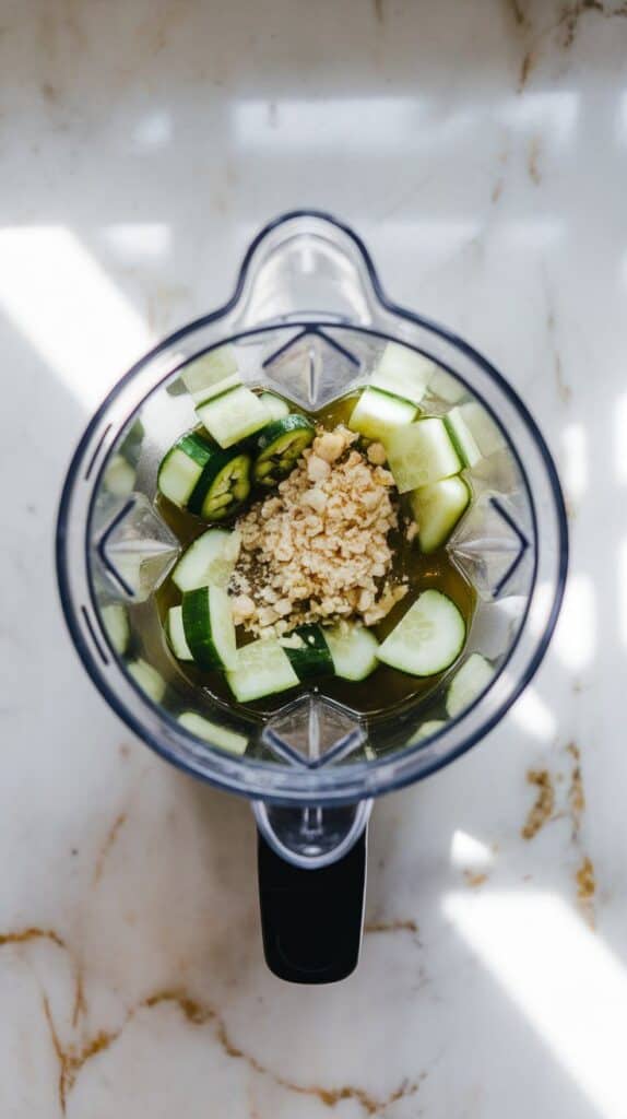 minced garlic, lime juice, and olive oil added to cucumber and jalapeño mixture in the blender, shiny and colorful before blending.