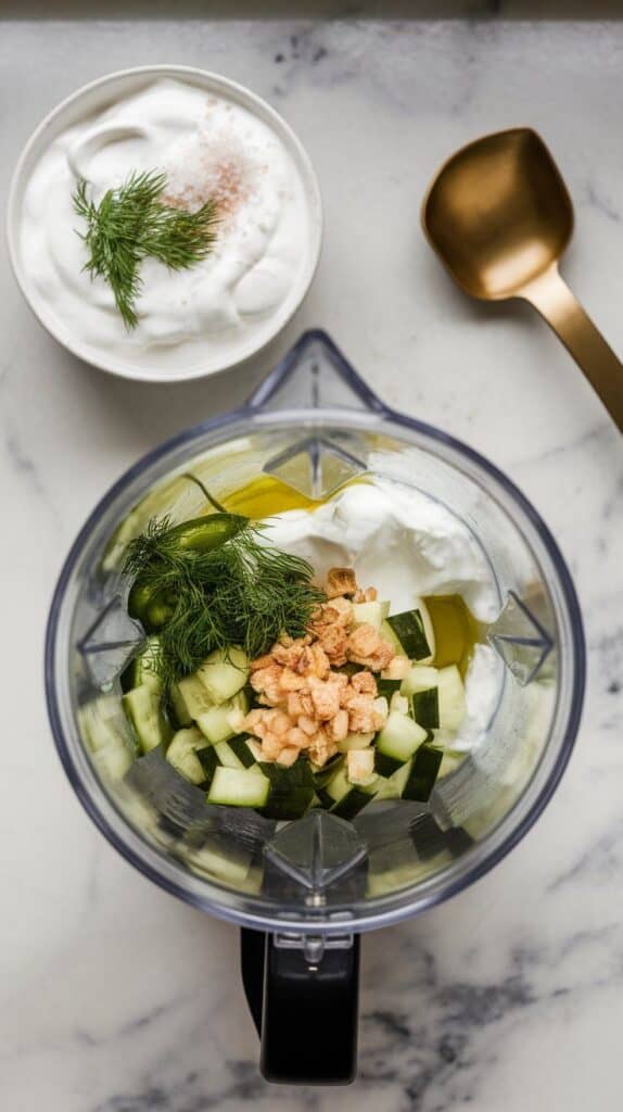 creamy Greek yogurt, chopped dill, and a sprinkle of salt on top of the other ingredients in the blender.