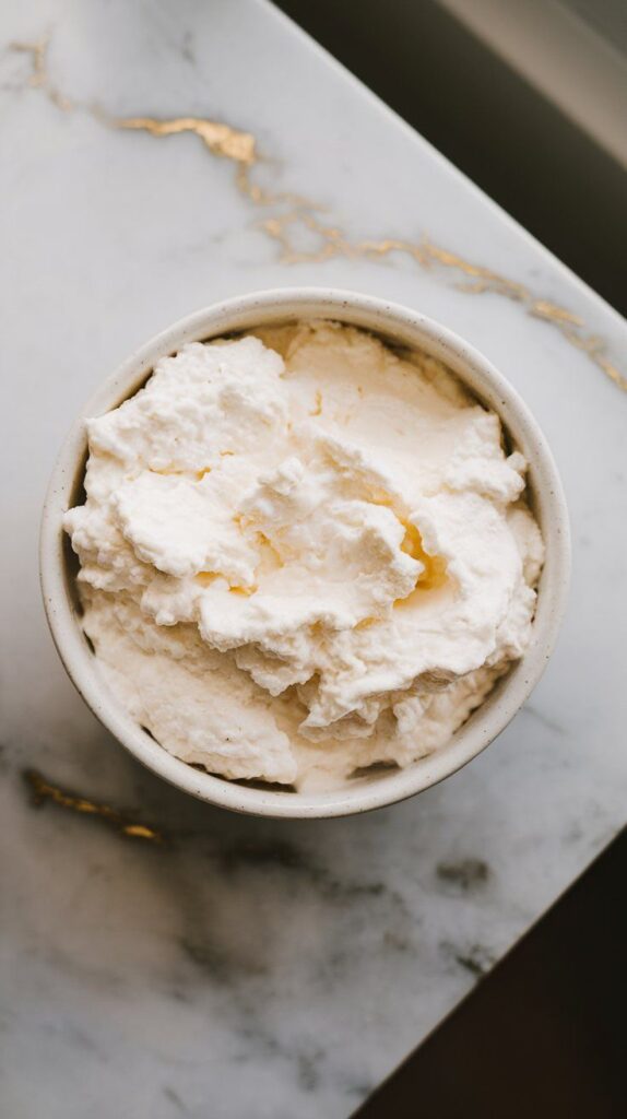 soft cottage cheese scooped into a white ceramic bowl, creamy texture visible with gentle curds.