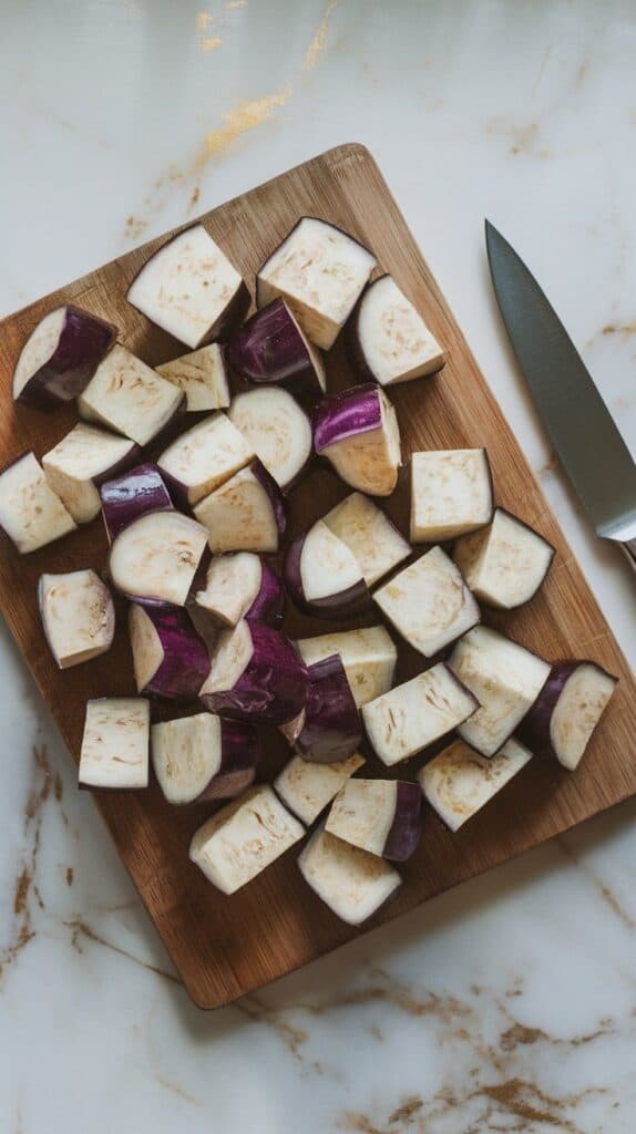 freshly cubed raw eggplant on a wooden cutting board, white interior and purple skin visible.