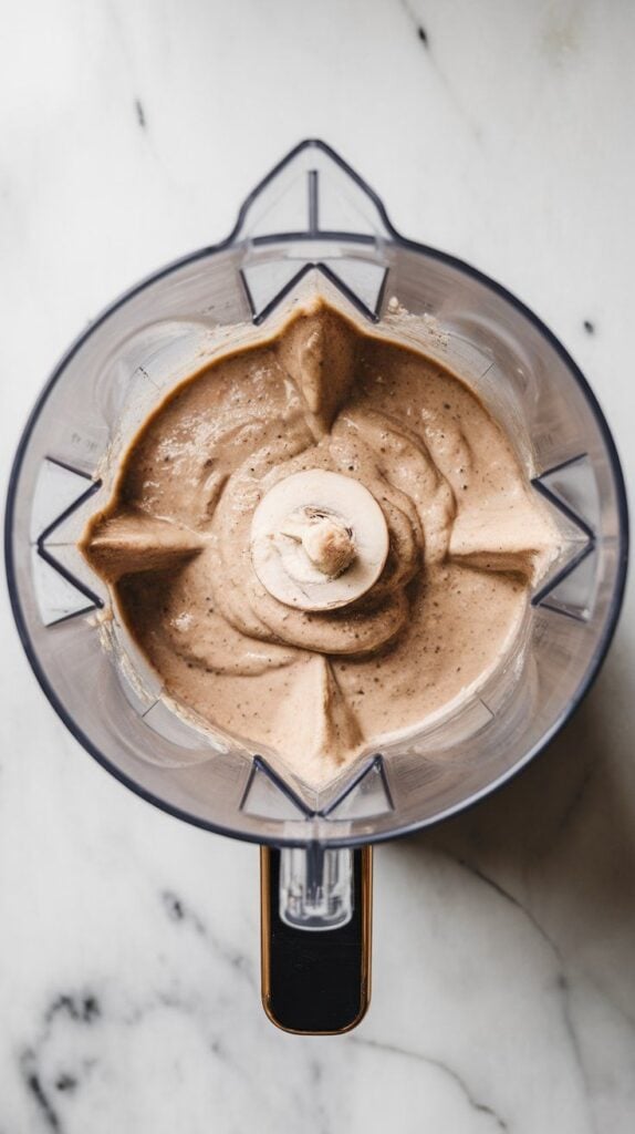 creamy mushroom sauce blending inside the blender, beige and smooth with no visible chunks.
