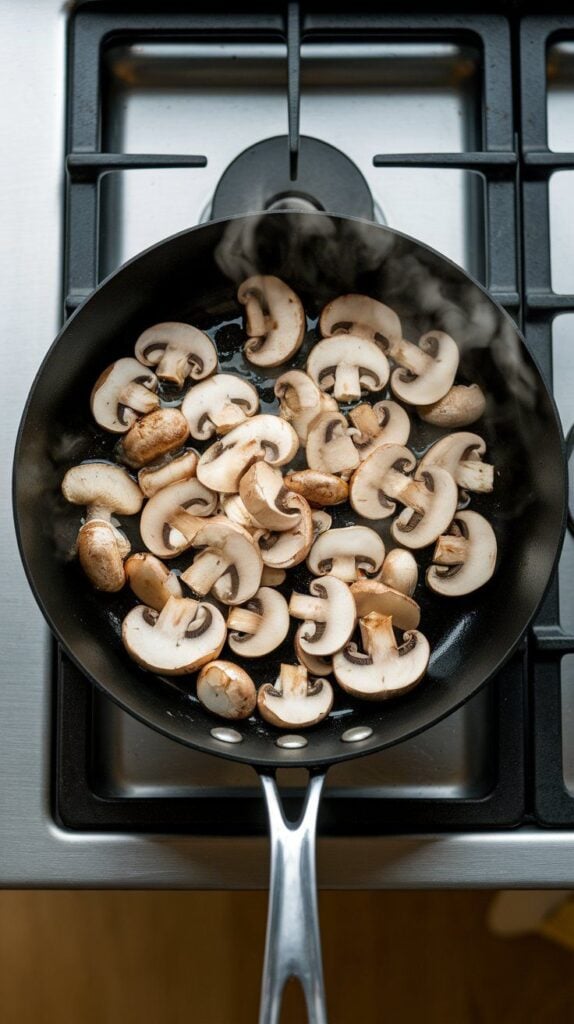 garlic and finely chopped mushrooms sautéing in olive oil in a skillet, golden edges on mushrooms and visible steam.