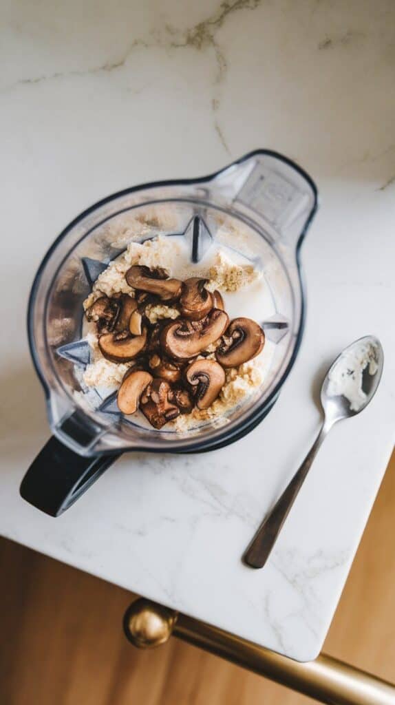 sautéed mushroom and garlic mixture being spooned into a blender with cottage cheese and milk already inside
