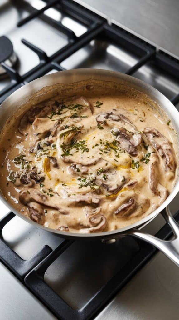 creamy mushroom sauce warming gently in a pan, thick and glossy with flecks of herbs and melted cheese.