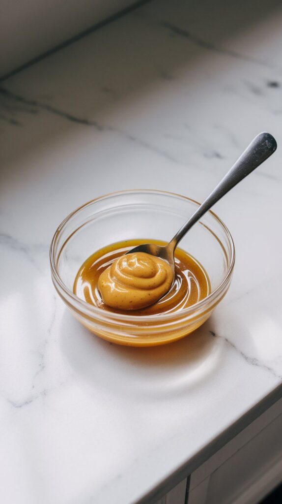 Dijon mustard and honey being spooned into a small glass bowl, thick and golden, starting to swirl together
