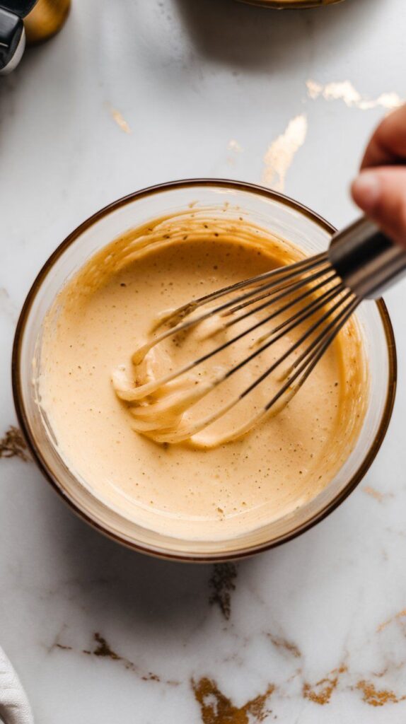 smooth, creamy honey mustard marinade being whisked in a bowl with visible garlic specks