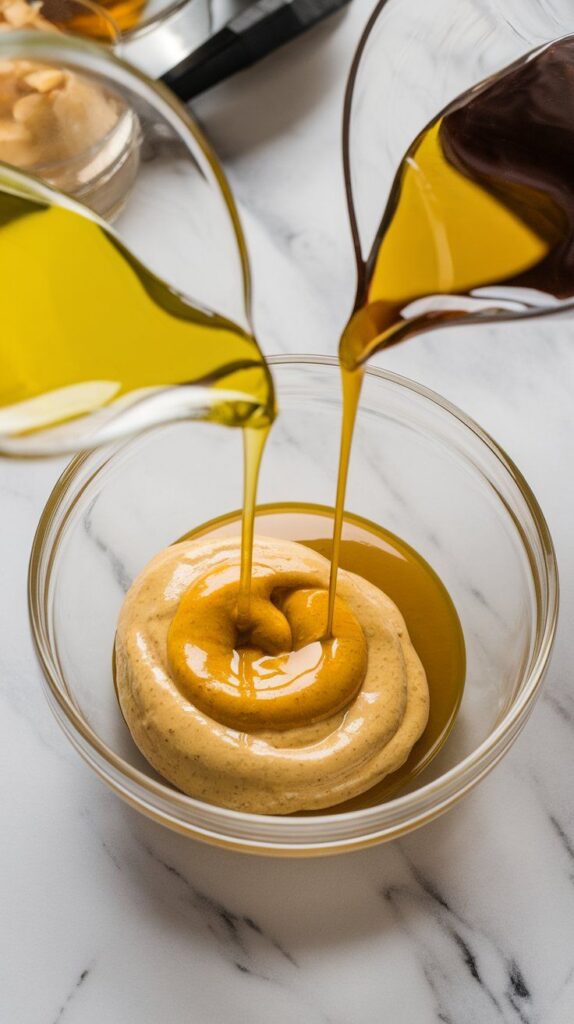 olive oil and vinegar being poured over the honey mustard mixture, forming separate layers before mixing