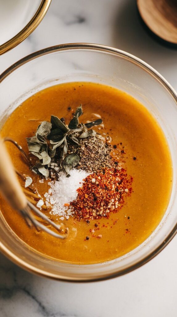 dried herbs and spices being added to the liquid base, floating on the surface before whisking.