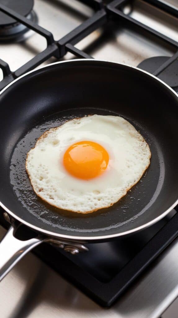 a sunny-side-up egg frying in a nonstick pan, golden yolk glossy and whites firming up with slight bubbling at the edges.