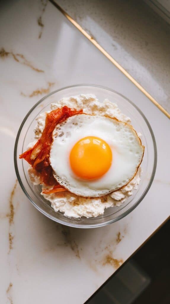 cottage cheese bowl topped with bright red kimchi and a perfectly fried egg, yolk still runny and glossy.