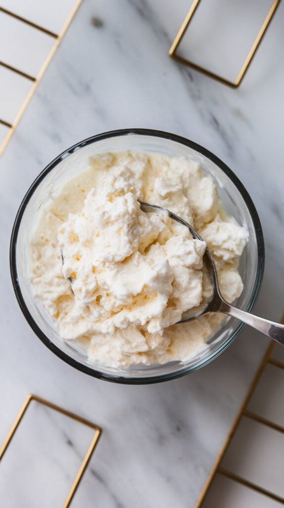 creamy cottage cheese scooped into a small white bowl, soft and thick with visible curds