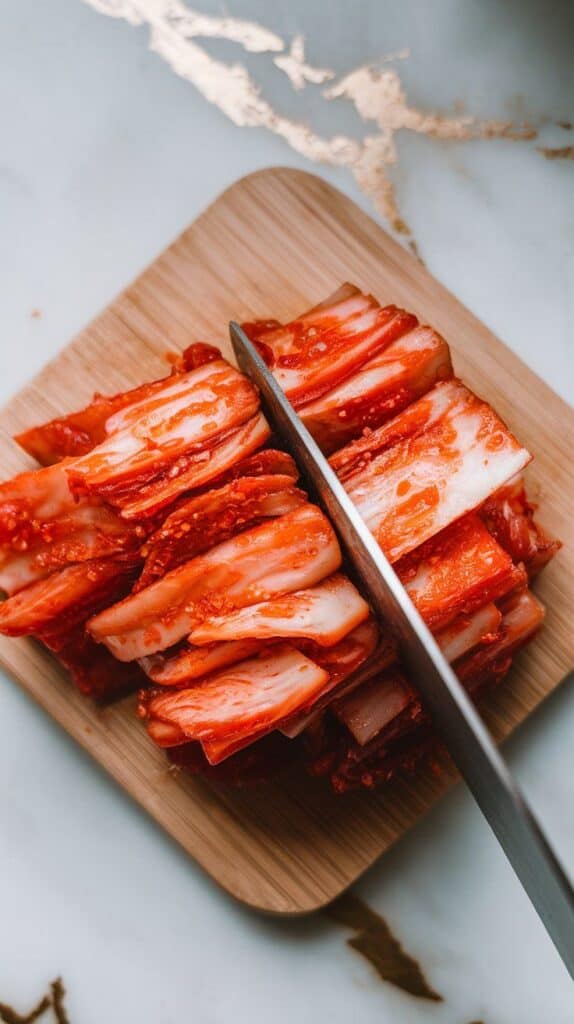 spicy kimchi being chopped on a small wooden cutting board, vivid red color and crunchy texture visible.
