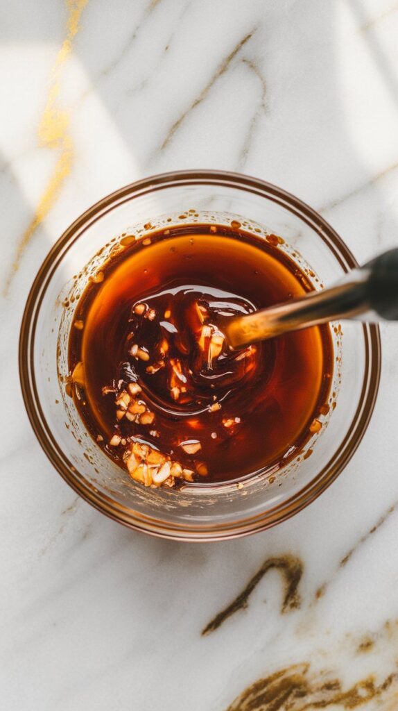 vinegar, honey, and sesame oil being mixed into the bowl with the miso, creating a shiny and smooth marinade with visible garlic and ginger bits
