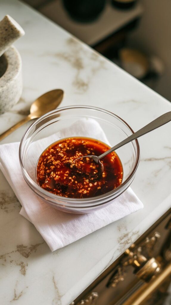 a small spoonful of water being stirred into thick miso marinade to loosen the texture slightly.