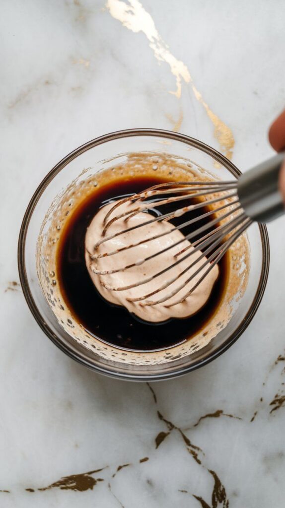 white miso paste and soy sauce being whisked in a small bowl, forming a thick, creamy brown base.