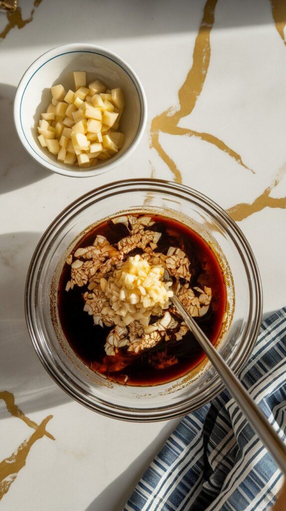 ginger and garlic being added to the miso-soy mixture, visible fresh flecks mixing into the marinade