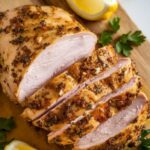 Moroccan chicken breast resting on a wooden board, sliced with juices glistening, garnished with parsley and lemon wedges.