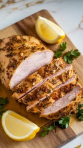 Moroccan chicken breast resting on a wooden board, sliced with juices glistening, garnished with parsley and lemon wedges.