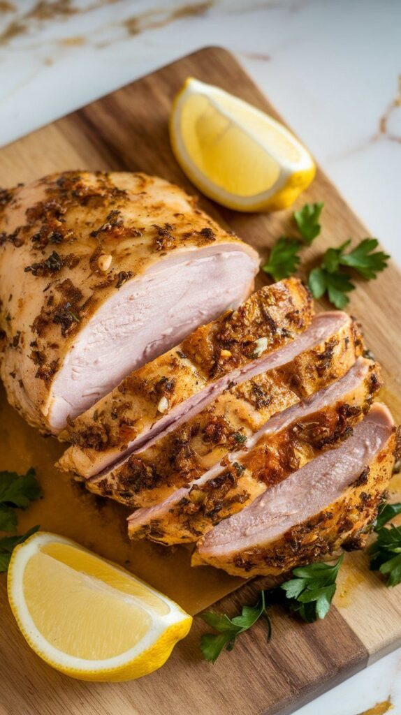 Moroccan chicken breast resting on a wooden board, sliced with juices glistening, garnished with parsley and lemon wedges.