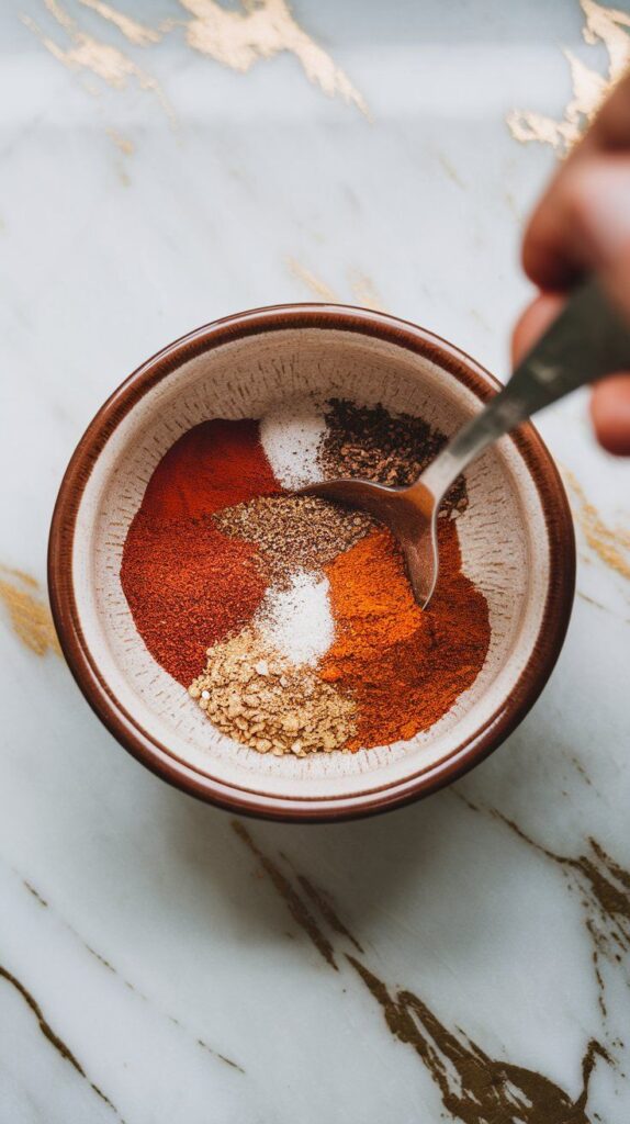 Moroccan spice blend being mixed in a small bowl, showing warm-toned spices like paprika, cumin, and cinnamon combined with garlic powder and pepper.