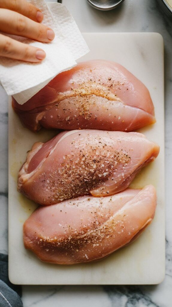 aw chicken breasts being patted dry and sprinkled with salt and pepper on a plate.