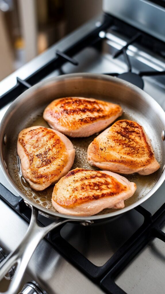 chicken breasts sizzling in a skillet, with golden sear marks forming and slight bubbling oil around the edges