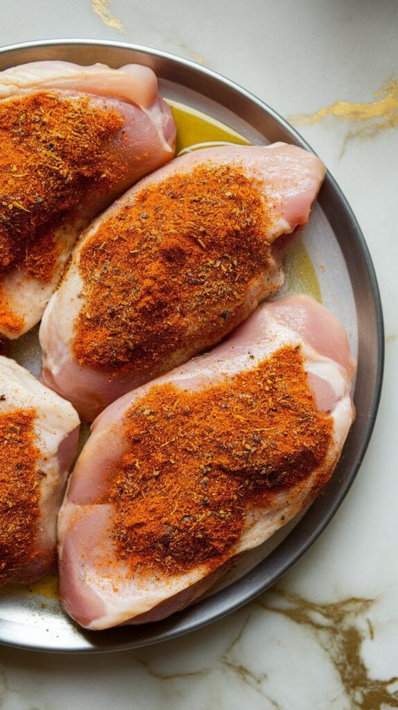 raw chicken breasts on a plate being rubbed with olive oil and coated in a vibrant Moroccan spice blend, fully covered and ready to cook