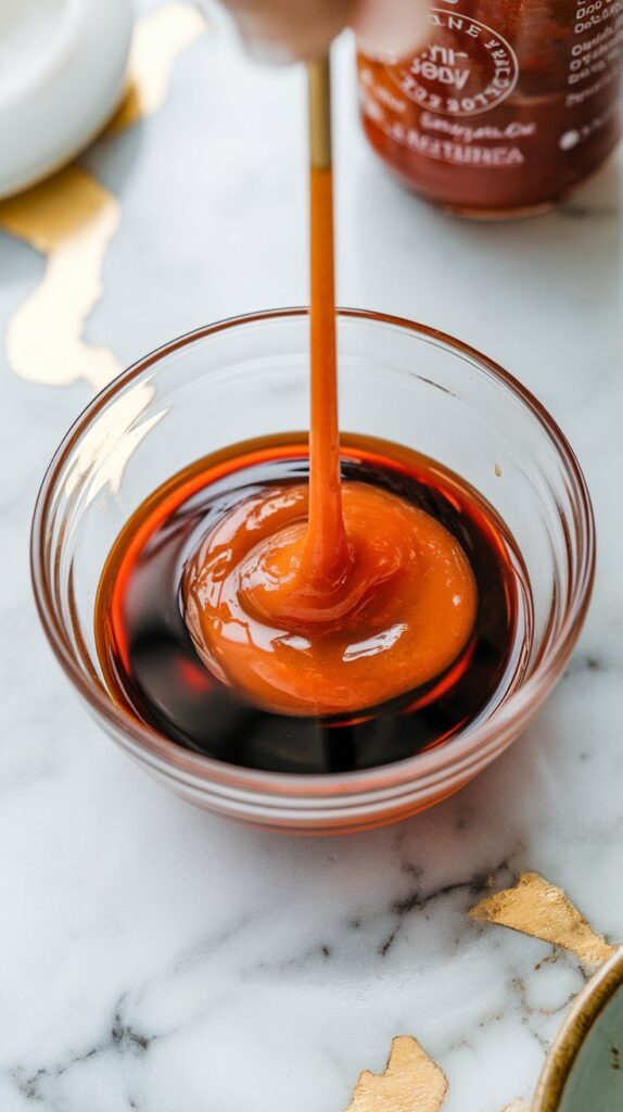 honey, sriracha, garlic, soy sauce, and water being stirred together in a small glass bowl, forming a smooth red-orange sauce