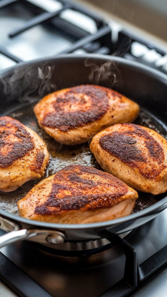 Moroccan spiced chicken breasts sizzling in a hot skillet, with dark golden crust forming and steam rising.