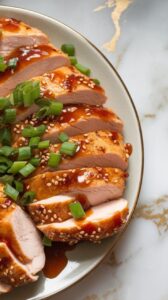 sliced chicken breast on a plate drizzled with thick sriracha honey garlic glaze, topped with chopped green onions and sesame seeds.