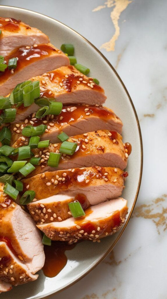 sliced chicken breast on a plate drizzled with thick sriracha honey garlic glaze, topped with chopped green onions and sesame seeds.