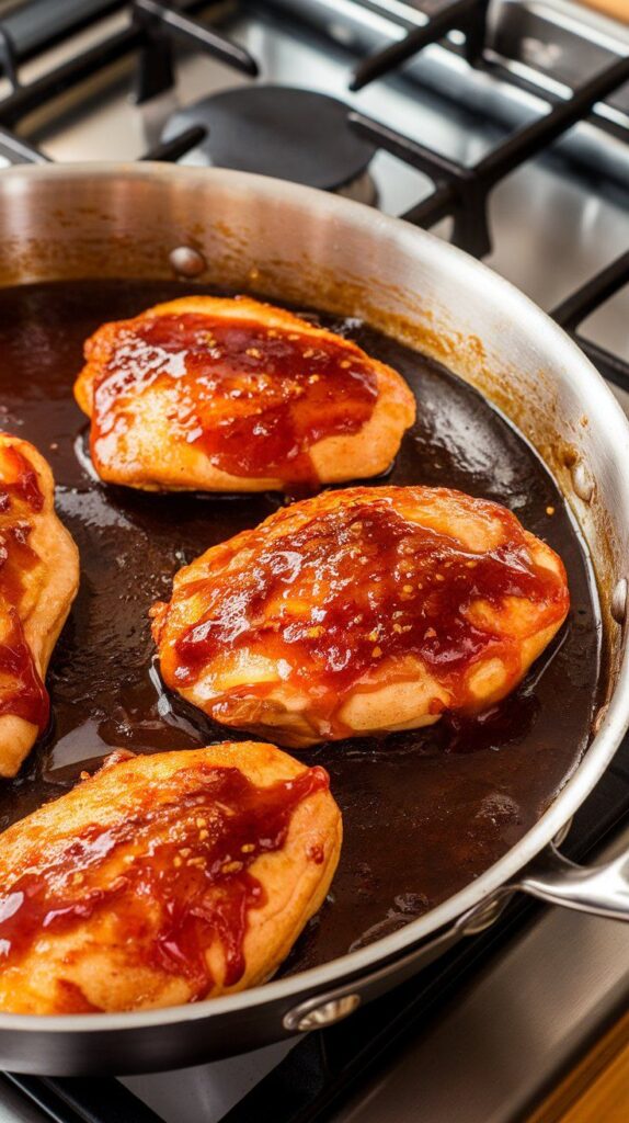 sriracha honey garlic sauce bubbling and reducing in the skillet as it coats the chicken, becoming thick and glossy