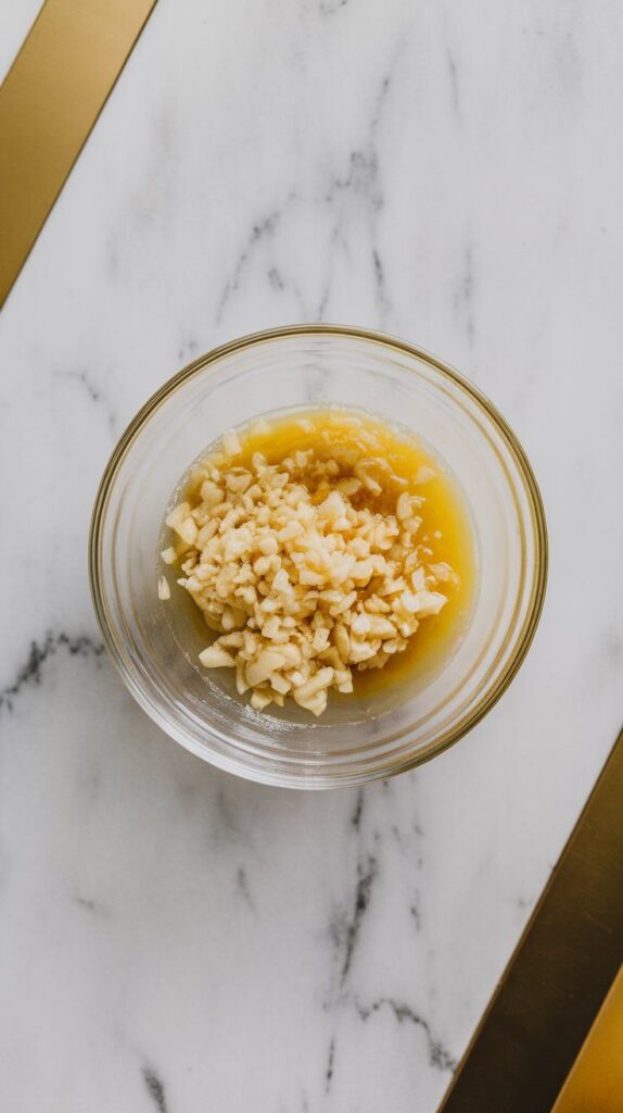 minced garlic and freshly squeezed lemon juice in a small glass mixing bowl, bright and slightly cloudy.