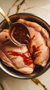ompleted Moroccan marinade being spooned over raw chicken breasts in a bowl, with marinade clinging to the surface.