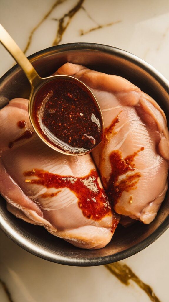ompleted Moroccan marinade being spooned over raw chicken breasts in a bowl, with marinade clinging to the surface.