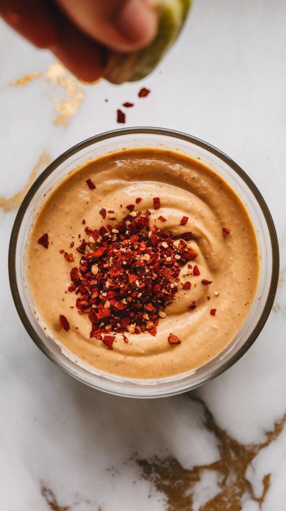 red pepper flakes being sprinkled over creamy peanut lime marinade in a bowl, giving it a subtle spicy kick
