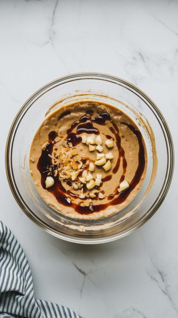 garlic, ginger, soy sauce, and honey being added into the peanut-lime mixture, with flecks of garlic visible in the thick sauce