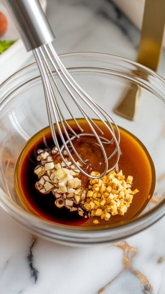 water and olive oil being whisked into the sauce, turning it into a glossy, pourable marinade.