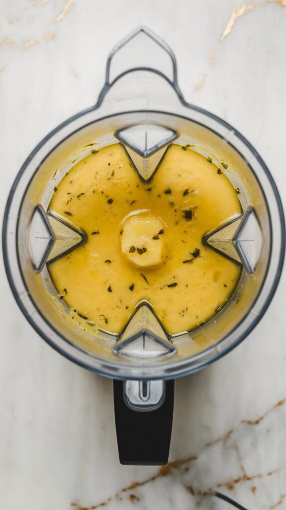bright yellow pineapple jalapeño marinade swirling in the blender, smooth with small green flecks throughout.
