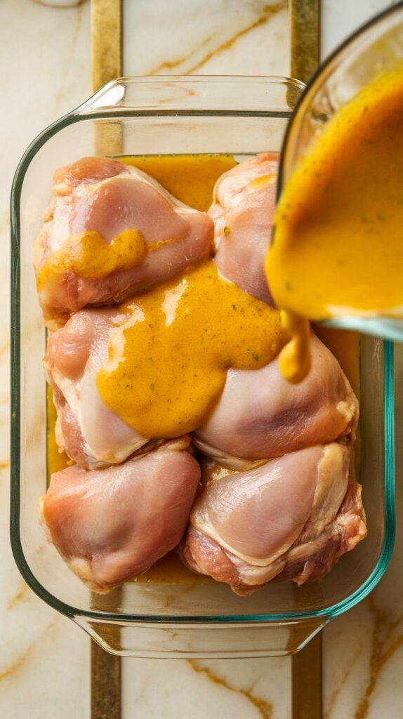 marinade being poured over raw chicken thighs in a shallow glass dish, coating them with golden sauce.