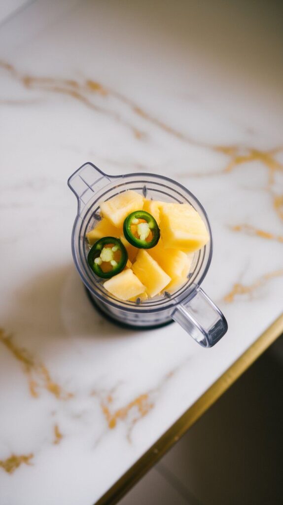 pineapple chunks and chopped jalapeño inside a small blender cup, ready to be blended. White marble counters