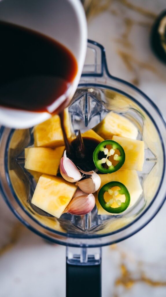 honey being drizzled into blender cup over other ingredients, with olive oil and salt nearby, just before blending.