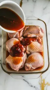marinade being poured over raw chicken thighs in a glass dish, thick glaze coating each piece.