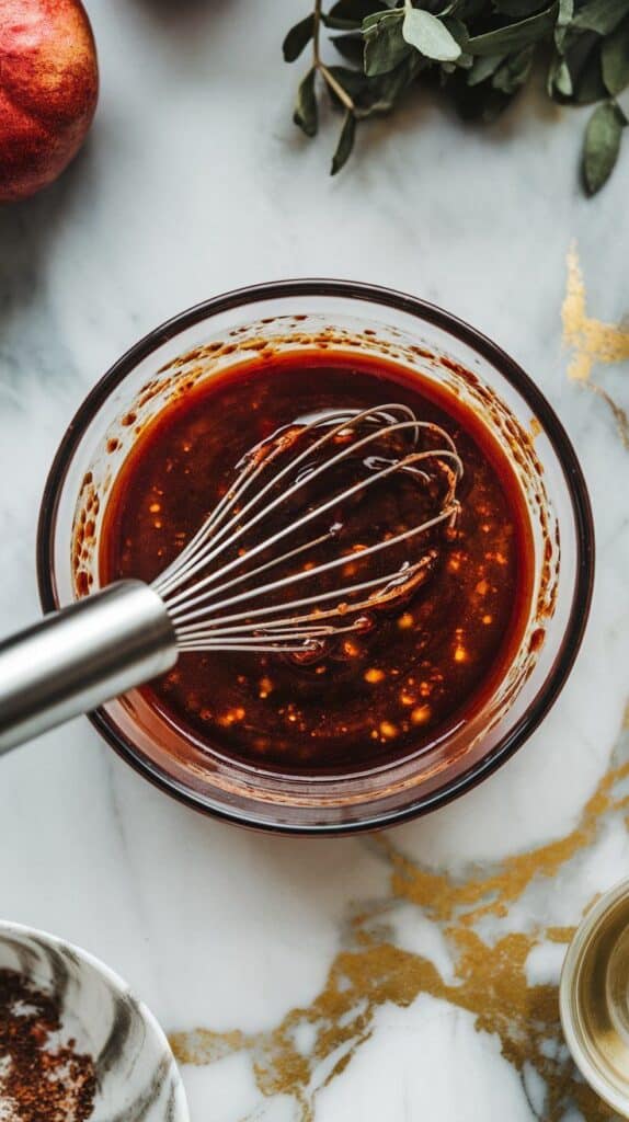 the marinade being whisked into a smooth, rich sauce with visible specks of garlic and spices.