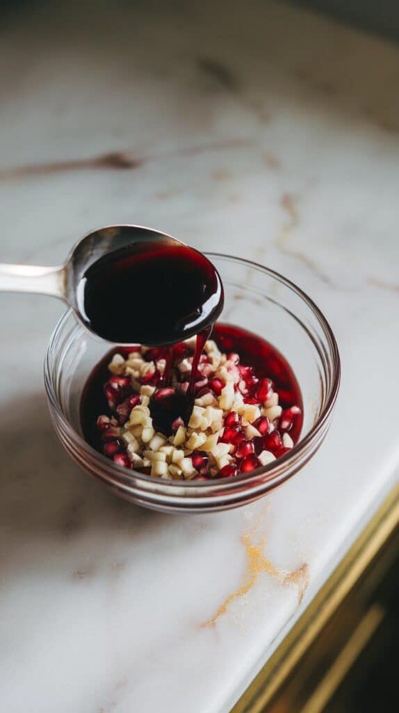 hick pomegranate molasses being spooned into a bowl with minced garlic, dark and glossy against the bright garlic pieces