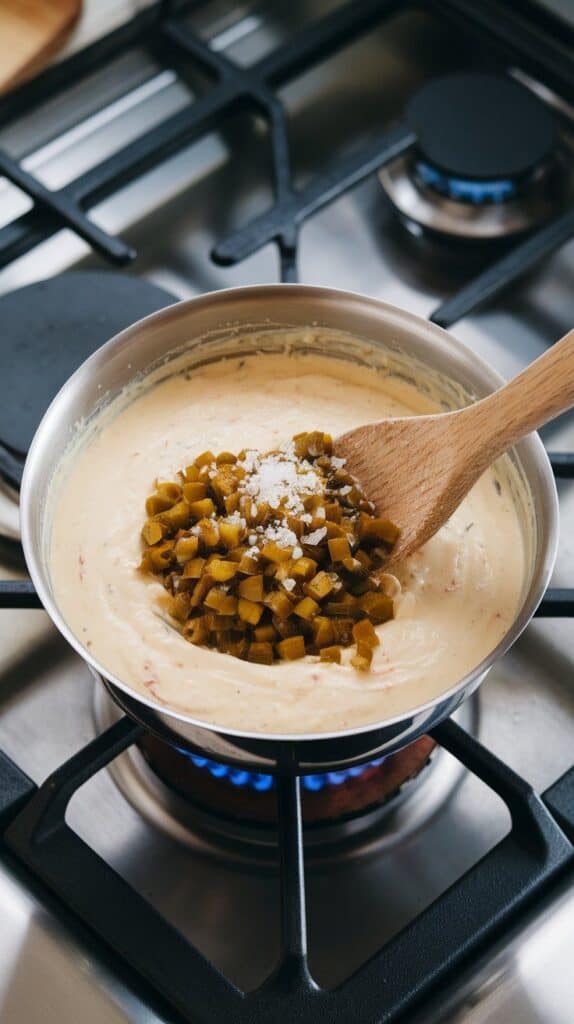 green chiles and seasonings being stirred into the smooth queso, specks of chile visible in creamy white cheese.