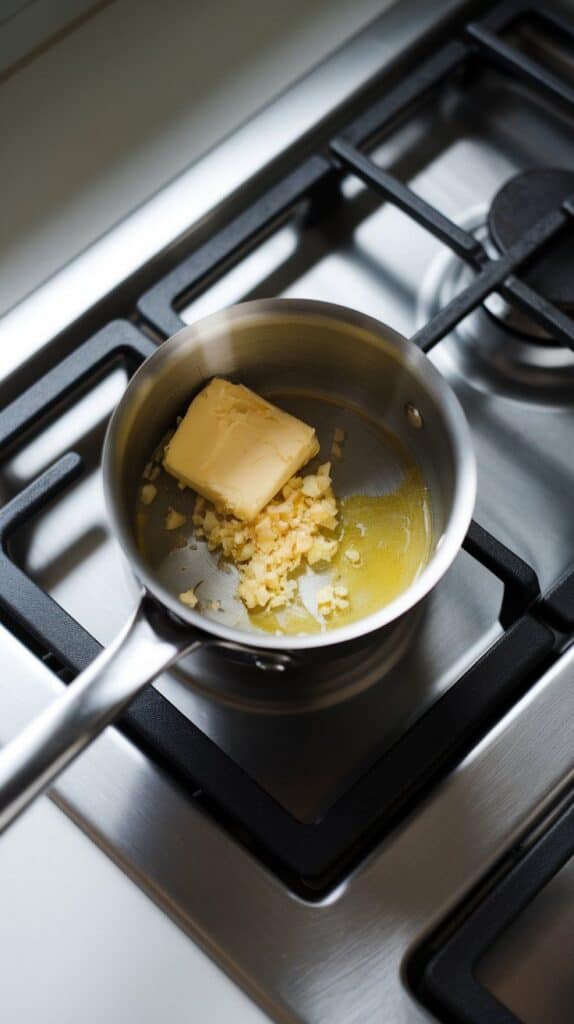 melted butter and minced garlic sizzling in a small saucepan. On a modern stainless steel gas stove.