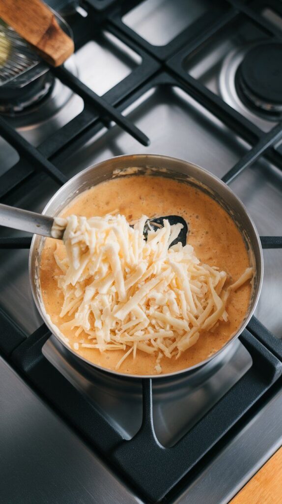 hredded white cheese melting into the creamy base, stretching and blending into the sauce