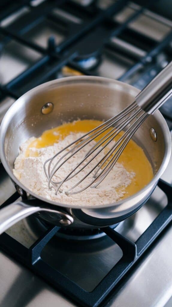 flour being whisked into melted butter and garlic in the saucepan, forming a light roux.