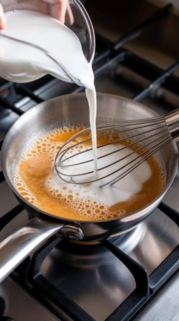 milk being poured into the roux, bubbling and thickening while being whisked into a smooth base.